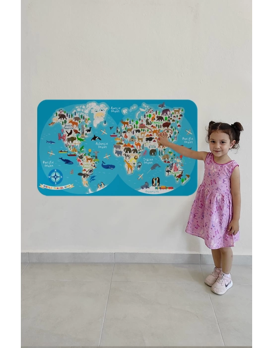 Eğitici Dünya Haritası Dünya Atlası Çocuk ve Bebek Odası Duvar Sticker -60x105-3806