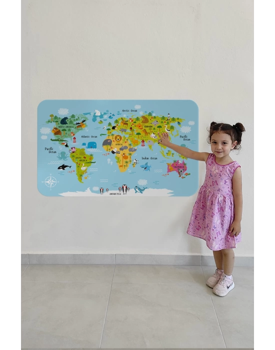 Eğitici Dünya Haritası Dünya Atlası Çocuk ve Bebek Odası Duvar Sticker -60x105-3830