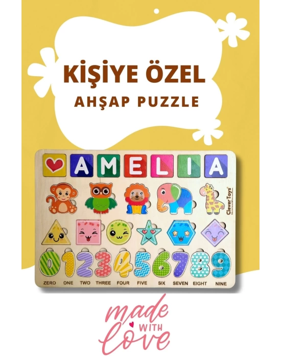 Eğitici Kişiye Özel Ahşap Puzzle Yapboz (HAYVANLAR, SAYILAR VE GEOMETRİK ŞEKİLLER) Oyuncak