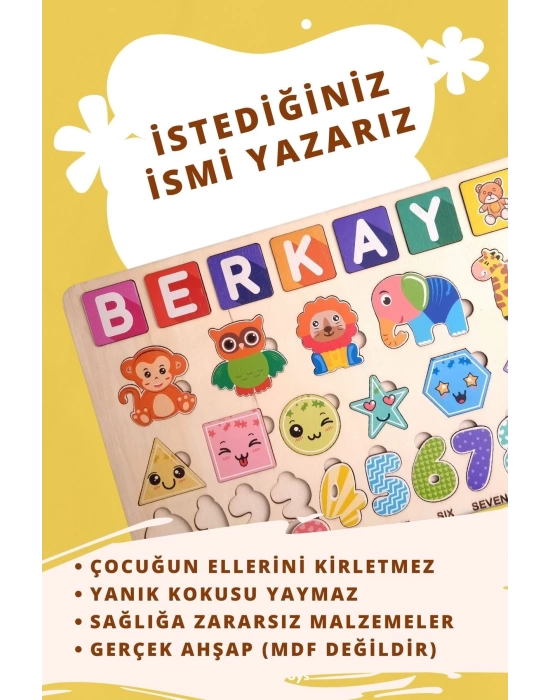 Eğitici Kişiye Özel Ahşap Puzzle Yapboz (HAYVANLAR, SAYILAR VE GEOMETRİK ŞEKİLLER) Oyuncak