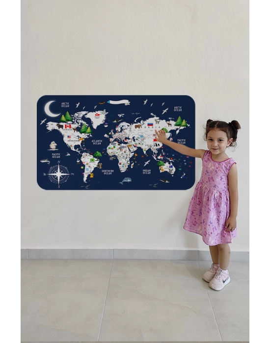 Eğitici ve Bayraklı Dünya Haritası Dünya Atlası Çocuk ve Bebek Odası Duvar Sticker-60x105-3819