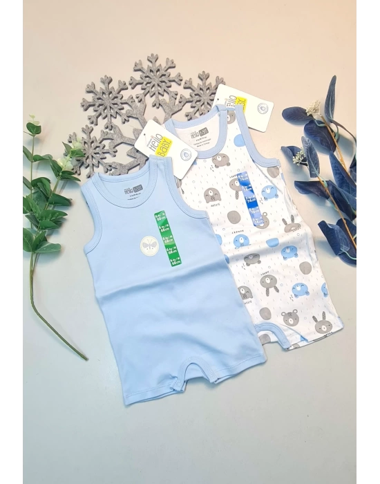 Erkek Bebek Mavi  Hello Baby Yazlık Kolsuz Çıtçtıtlı Body Tulum 2 Adet