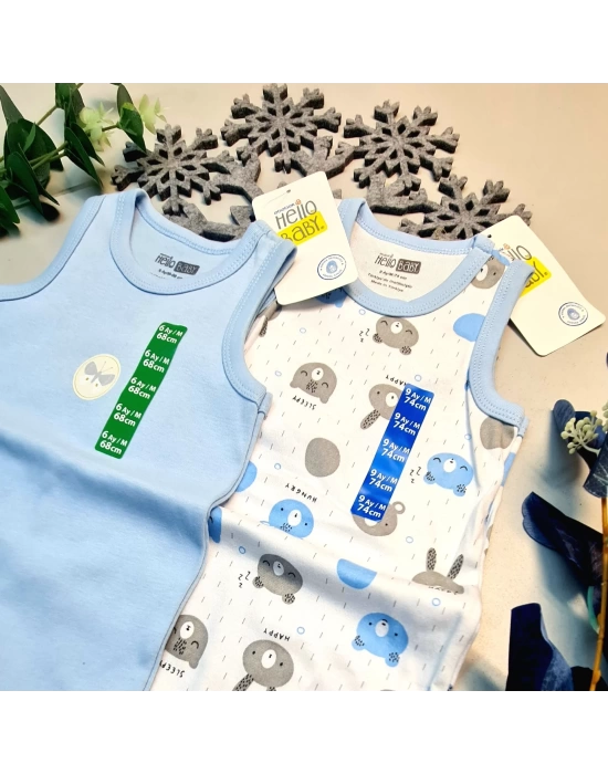 Erkek Bebek Mavi  Hello Baby Yazlık Kolsuz Çıtçtıtlı Body Tulum 2 Adet