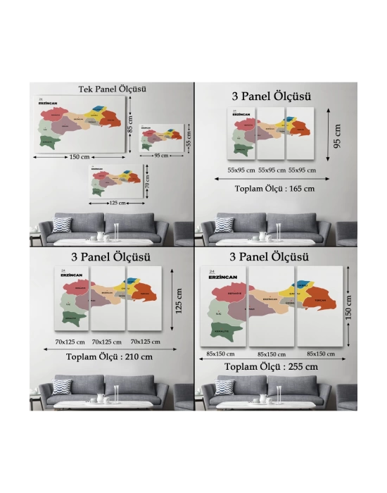 Erzincan  İli ve İlçeler Haritası  Dekoratif Kanvas Tablo 1334