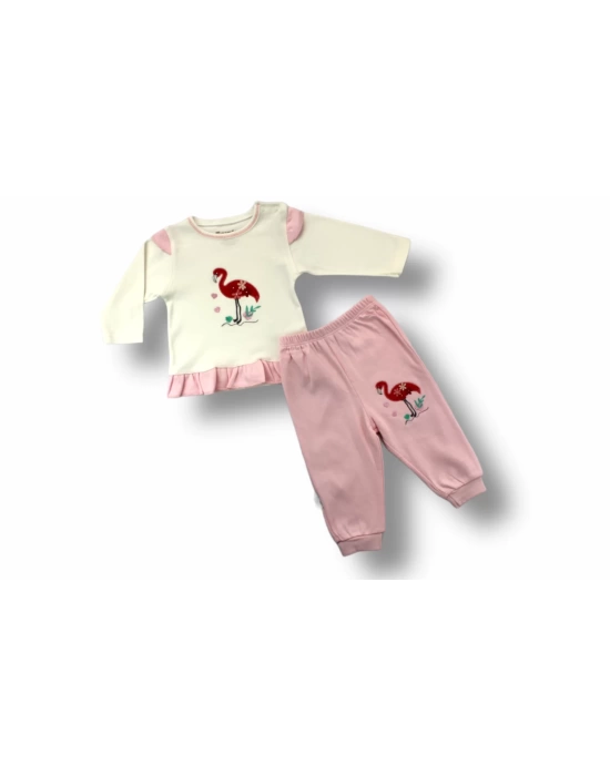 Flamingo Nakışlı Uzun Kollu Sweatli 2li Kız Bebek Takımı Ekru