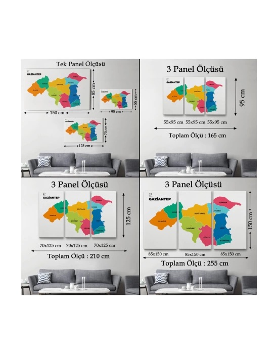 Gaziantep  İli ve İlçeler Haritası  Dekoratif Kanvas Tablo 1342