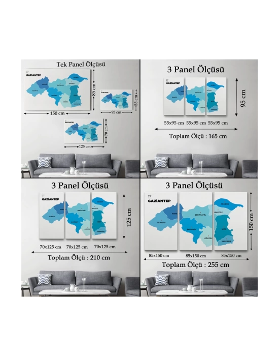 Gaziantep  İli ve İlçeler Haritası  Dekoratif Kanvas Tablo 1344