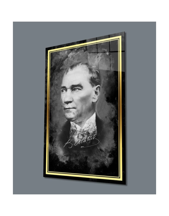 Gold Şerit Atatürk Portresi Siyah Beyaz Cam Tablo, Uv Baskılı ve Temperli, Hediyelik