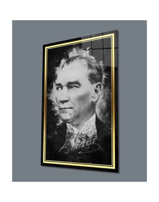 Gold Şerit Siyah Beyaz Atatürk Cam Tablo, Uv Baskılı ve Temperli, Hediyelik