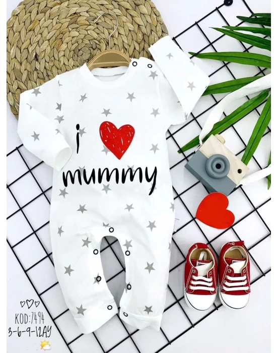 Gümüş Yıldız I Love Mummy Baskılı Uzun Kollu Kız Erkek Bebek Tulumu