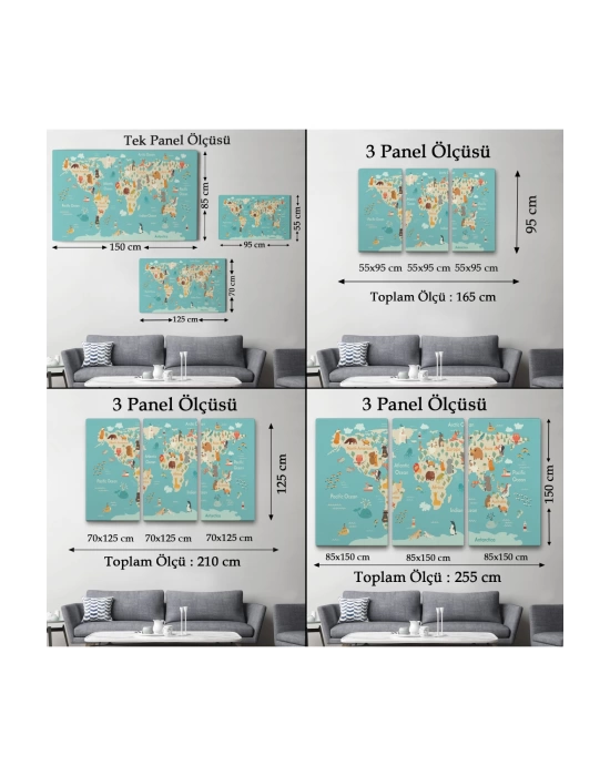 Hayvanlar Alemi Çocuk Odası Dünya Haritası Kanvas Tablo 1013