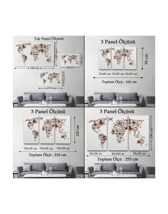 Kahve Coffee Temalı Dünya Haritası  Dekoratif Kanvas Tablo 1087
