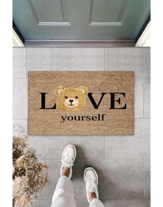 Kahverengi Kapı Önü Paspası Love Yourself Ayıcık Desen  K-3329