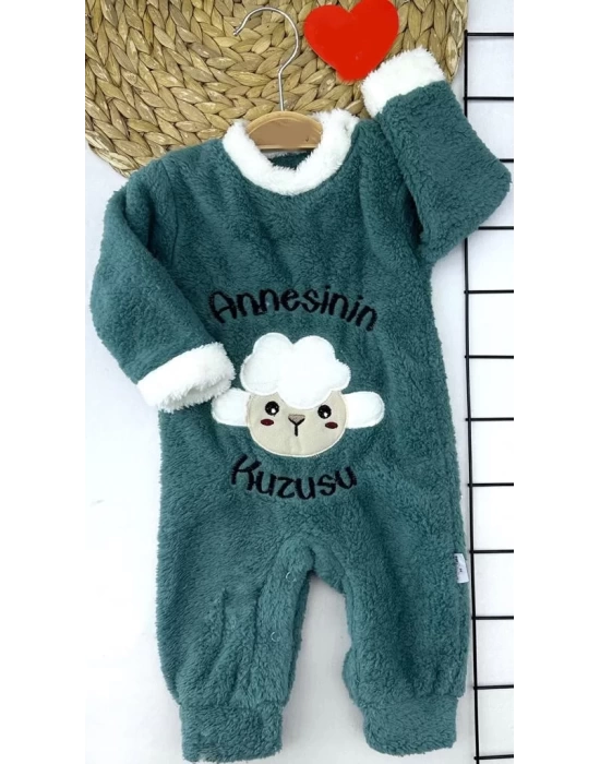 Kuzu Tüylü Kumaş Annesinin Kuzusu Nakışlı Alttan Çıtçıtlı Kız Erkek Bebek Tulumu