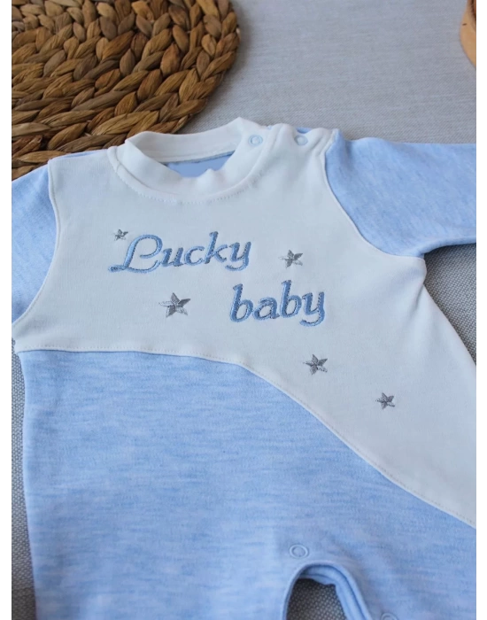 Lucky Baby Nakışlı Es Çizgi Boy Şapkalı Erkek Bebek Tulumu Mavi