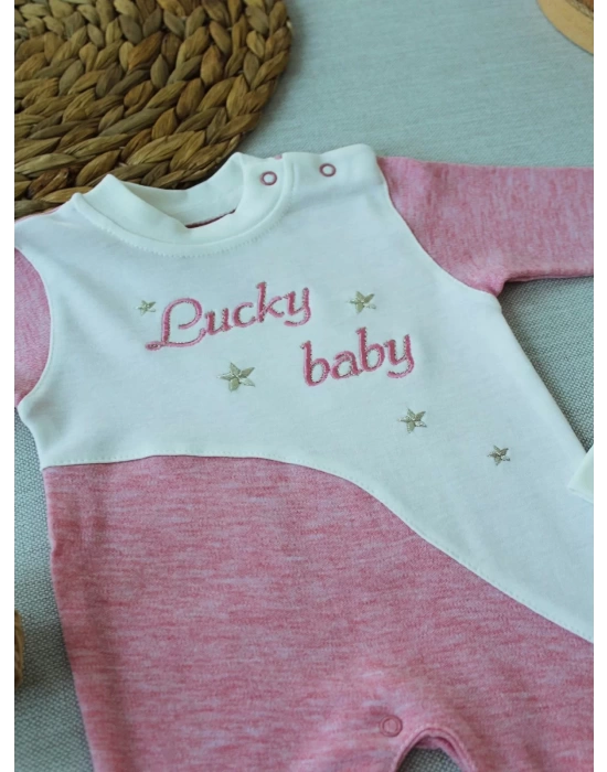 Lucky Baby Nakışlı Es Çizgi Boy Şapkalı Kız Bebek Tulumu Pembe