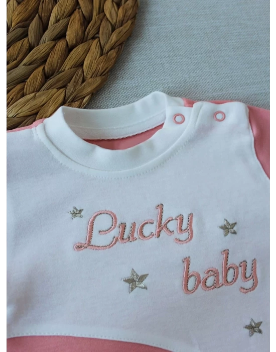 Lucky Baby Nakışlı Es Çizgi Boy Şapkalı Kız Bebek Tulumu Pudra