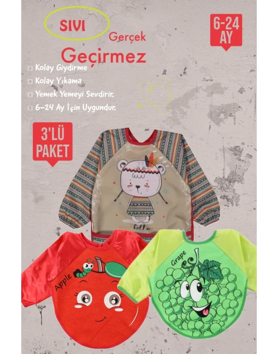 Meyve Figürlü Sıvı Geçirmez 3lü Paket Uzun Kollu Mama Önlüğü