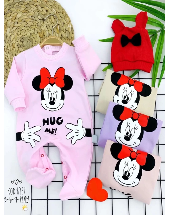 Mickey Baskılı Kulaklı Şapka Uzun Kollu Kız Erkek Bebek Tulumu Pembe