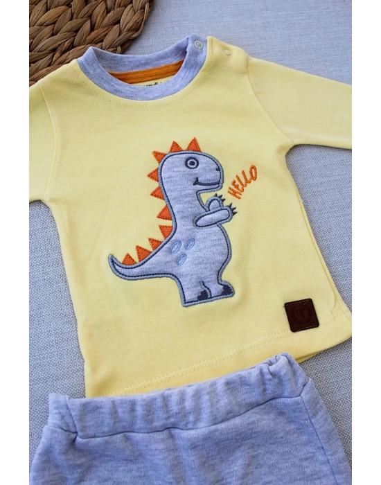 Minik Dino Nakışlı Şapkalı Uzun Kollu Sweat 3lü Kız-erkek Bebek Takımı Sarı