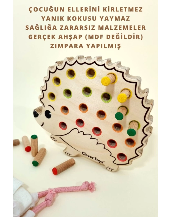 Montessori Eğitici Ahşap Oyuncak – Tak Çıkar Renkli Ahşap Kirpi Oyuncak - İnce Motor Becerileri