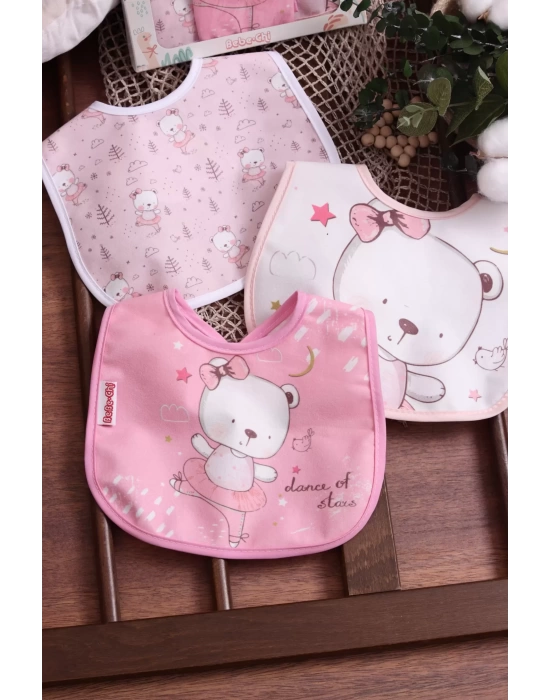 Pembe Ayı Temalı Kare 3 Parça Microfiber Mama Önlüğü Kendi Kutusunda (sıvı Geçirmez) Çıtçıtlı