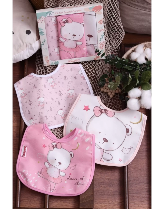 Pembe Ayı Temalı Kare 3 Parça Microfiber Mama Önlüğü Kendi Kutusunda (sıvı Geçirmez) Çıtçıtlı