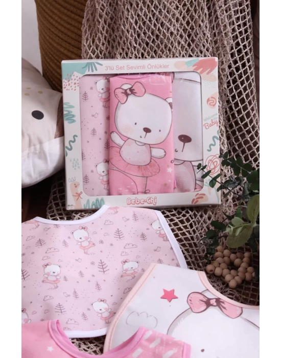 Pembe Ayı Temalı Kare 3 Parça Microfiber Mama Önlüğü Kendi Kutusunda (sıvı Geçirmez) Çıtçıtlı