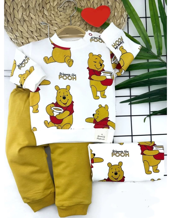 Pooh Baskılı Yaka Çıtçıtlı Uzun Kollu Sweatli 2li Kız Erkek Bebek Takımı