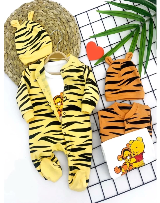 Pooh Desenli Zebra Çizgili Şapkalı Sweatli 3lü Kız Erkek Bebek Tulumu(sarı) Sarı