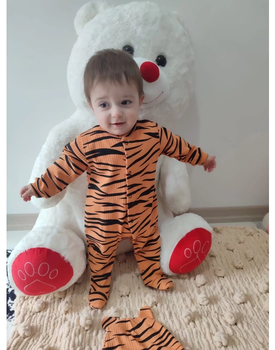 Pooh Desenli Zebra Çizgili Şapkalı Sweatli 3lü Kız Erkek Bebek Tulumu(sarı) Sarı