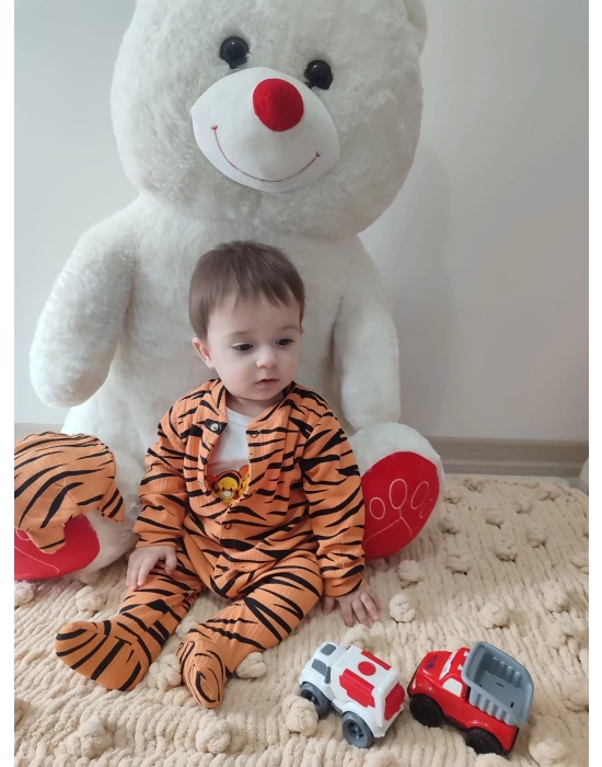 Pooh Desenli Zebra Çizgili Şapkalı Sweatli 3lü Kız Erkek Bebek Tulumu(sarı) Sarı