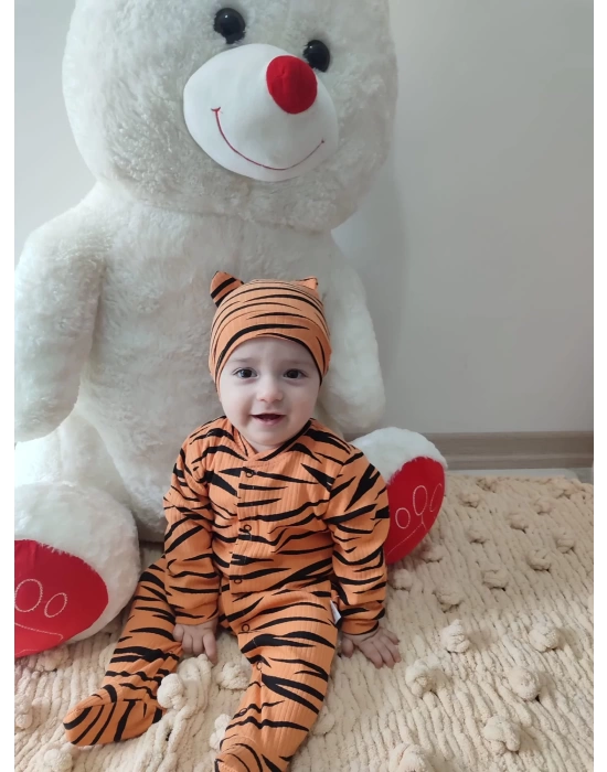 Pooh Desenli Zebra Çizgili Şapkalı Sweatli 3lü Kız Erkek Bebek Tulumu(sarı) Sarı