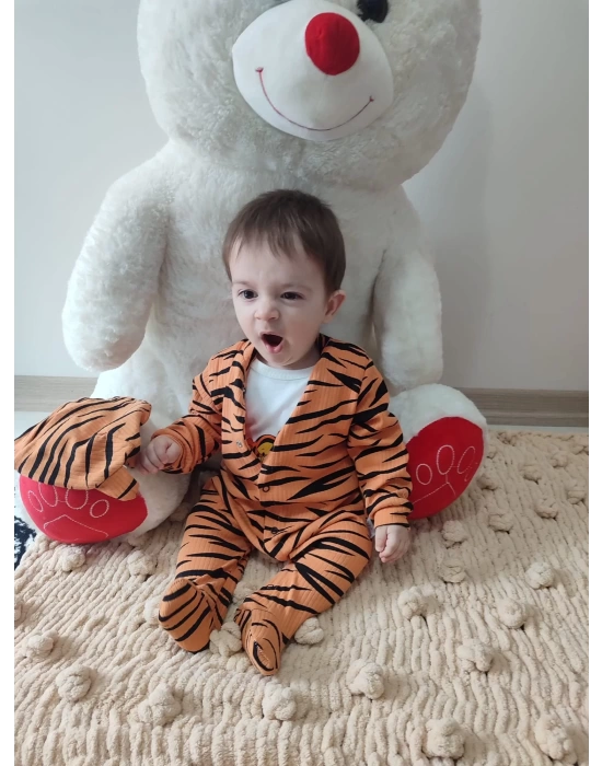 Pooh Desenli Zebra Çizgili Şapkalı Sweatli 3lü Kız Erkek Bebek Tulumu(sarı) Sarı