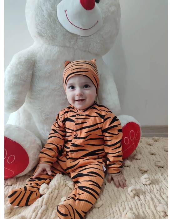 Pooh Desenli Zebra Çizgili Şapkalı Sweatli 3lü Kız Erkek Bebek Tulumu(sarı) Sarı