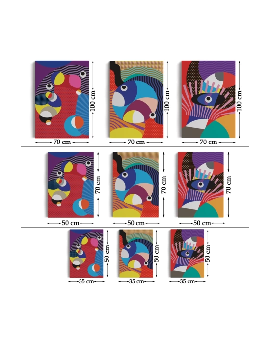 Renkli Geometrik Desenli Pop Art 3 lü Kanvas Duvar Tablo Seti-AO-14