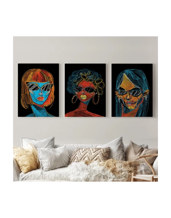 Renkli Pop Art Kadınlar Dekoratif Duvar Tablosu Üçlü Set-EU-120