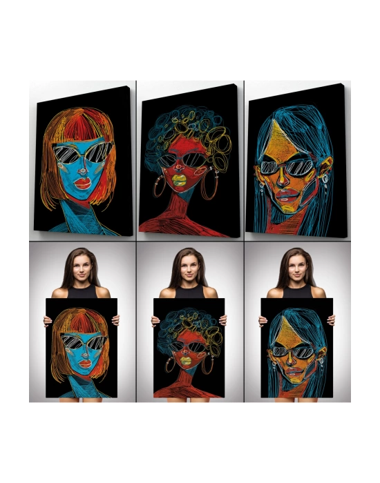 Renkli Pop Art Kadınlar Dekoratif Duvar Tablosu Üçlü Set-EU-120