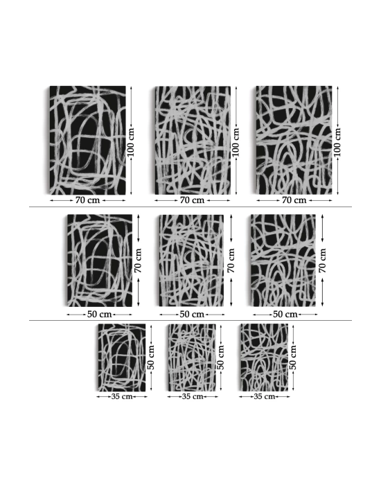 Siyah Zemin Üzerine Beyaz Şekiller Dekoratif Duvar Tablosu Üçlü Set-EÜ-121