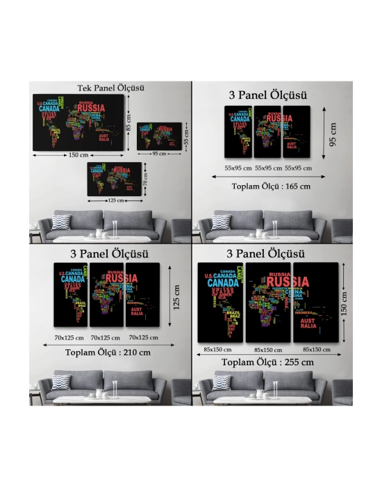 Siyah Zeminli Ülke İsimli Dünya Haritası Kanvas Tablo 1015