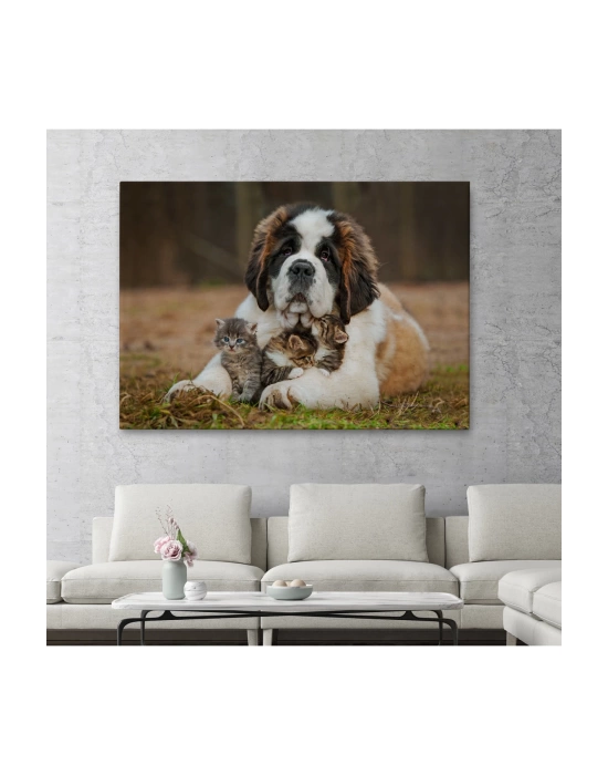 St. Bernard  Köpek ve Yavru Kediler Dekoratif Kanvas Tablo 1124