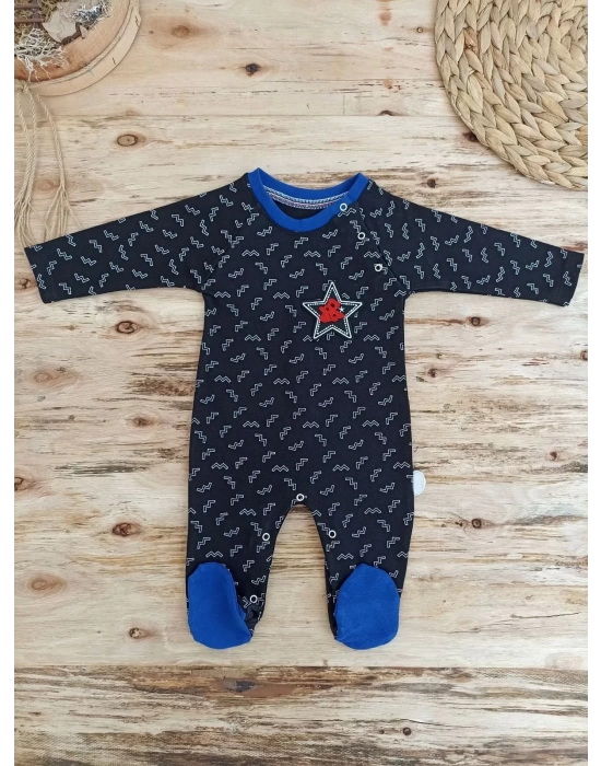 Star Baby Baskılı Çıt Çıt Kapama Erkek Bebek Tulum Siyah