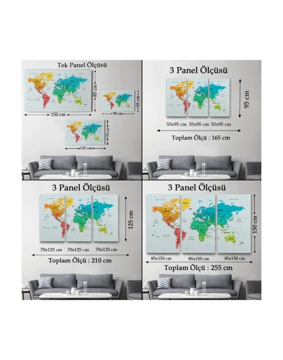 Türkçe Detaylı Dünya Haritası Dekoratif Renkli Zeminli Kanvas Tablo 1709