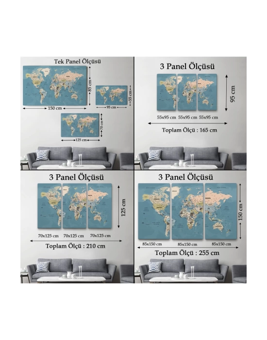 Türkçe Dünya Haritası Ayrıntılı Eğitici-öğretici Okyanuslu Dekoratif Kanvas Tablo 2522