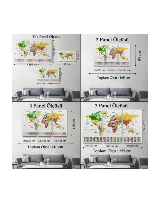 Türkçe Dünya Haritası Ayrıntılı Eğitici  Sembollü Bayraklı Dekoratif Kanvas Tablo 2840