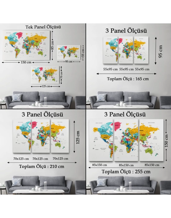 Türkçe Dünya Haritası Dekoratif Kanvas Tablo Son Derece Detaylı 1628