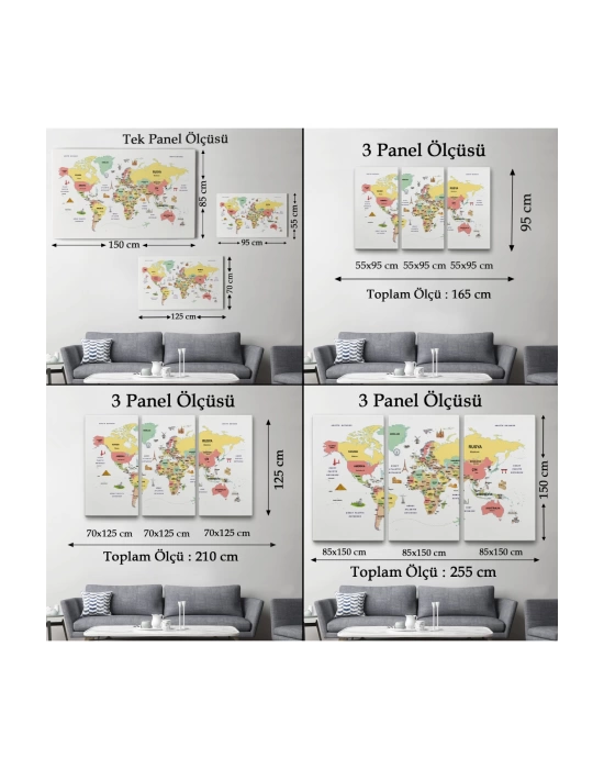 Türkçe Dünya Haritası Dekoratif Kanvas Tablo Ülke-Başkentli Öğretici ve Sembollü 2312