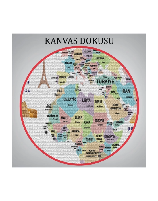 Türkçe Dünya Haritası Kanvas Tablo Ülke-Başkentli Öğretici ve Sembollü 2306