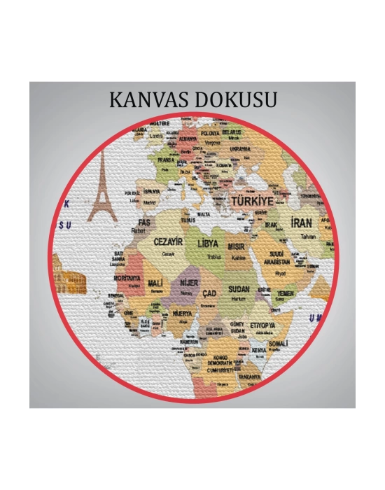 Türkçe Dünya Haritası Kanvas Tablo Ülke-Başkentli Öğretici ve Sembollü 2308