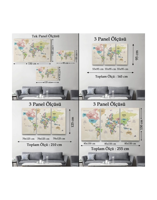 Türkçe Dünya Haritası Kanvas Tablo  Ülke Başkentli ve Okyanus Detaylı Tablo 2748